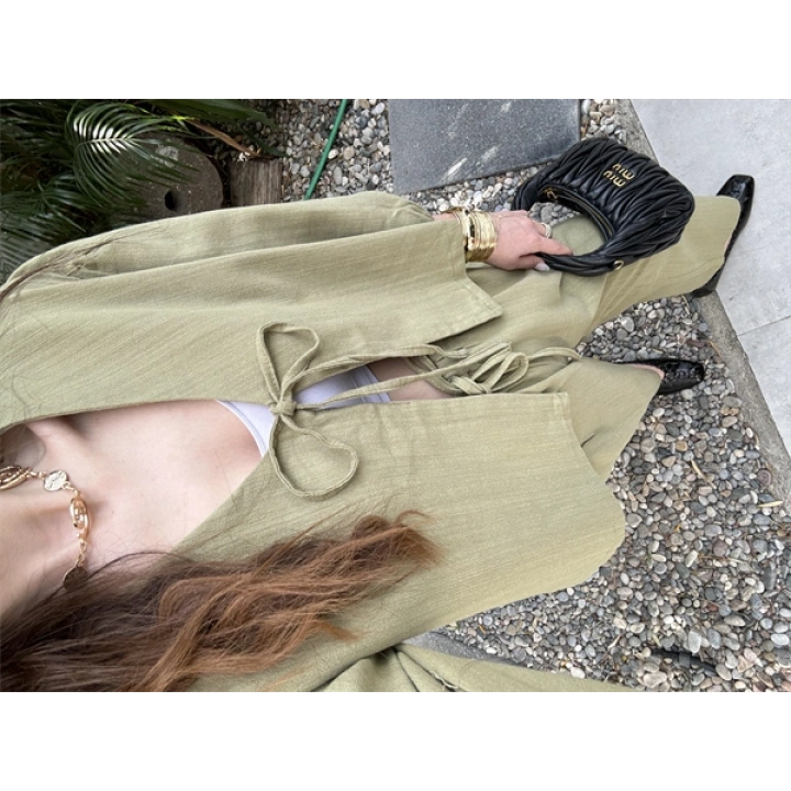 Diana Önü Bağlamalı Kısa Keten Haki Kimono Takım