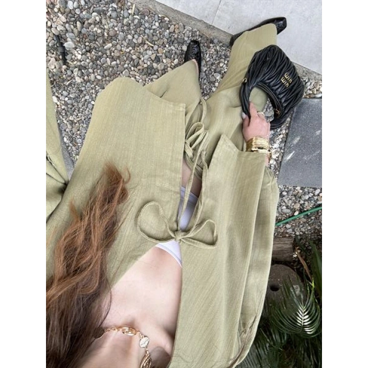 Diana Önü Bağlamalı Kısa Keten Haki Kimono Takım