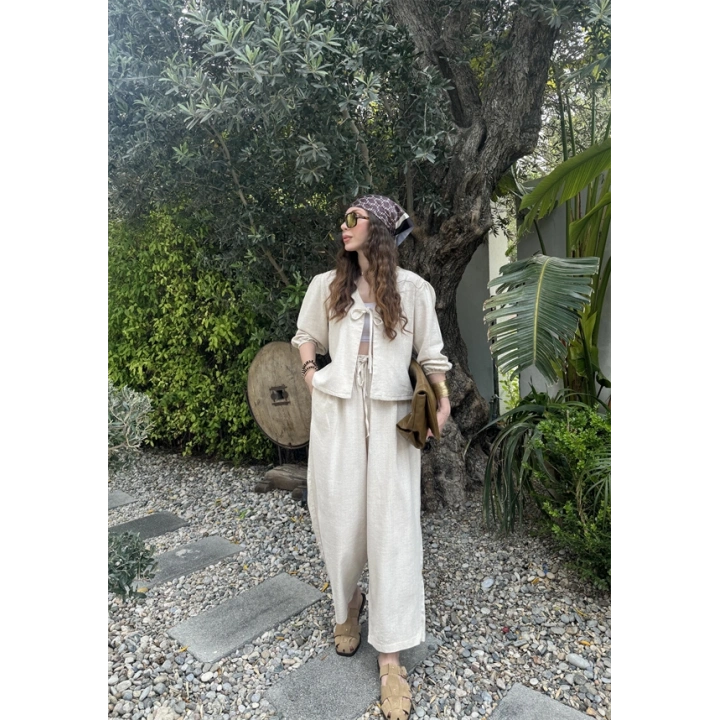 Diana Önü Bağlamalı Kısa Keten Taş Kimono Takım