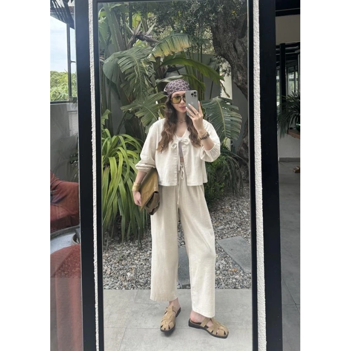 Diana Önü Bağlamalı Kısa Keten Taş Kimono Takım