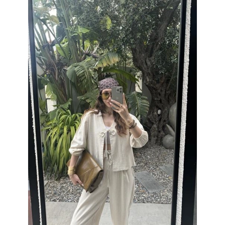 Diana Önü Bağlamalı Kısa Keten Taş Kimono Takım