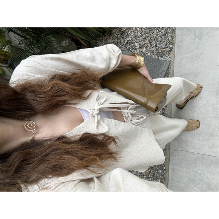 Diana Önü Bağlamalı Kısa Keten Taş Kimono Takım