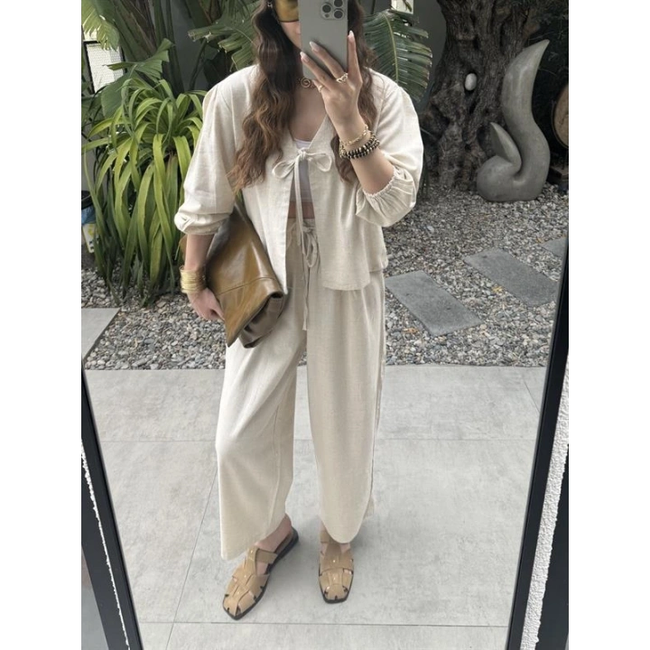 Diana Önü Bağlamalı Kısa Keten Taş Kimono Takım