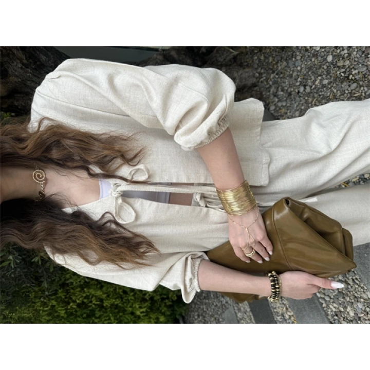 Diana Önü Bağlamalı Kısa Keten Taş Kimono Takım