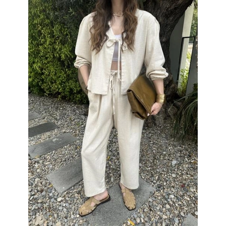 Diana Önü Bağlamalı Kısa Keten Taş Kimono Takım