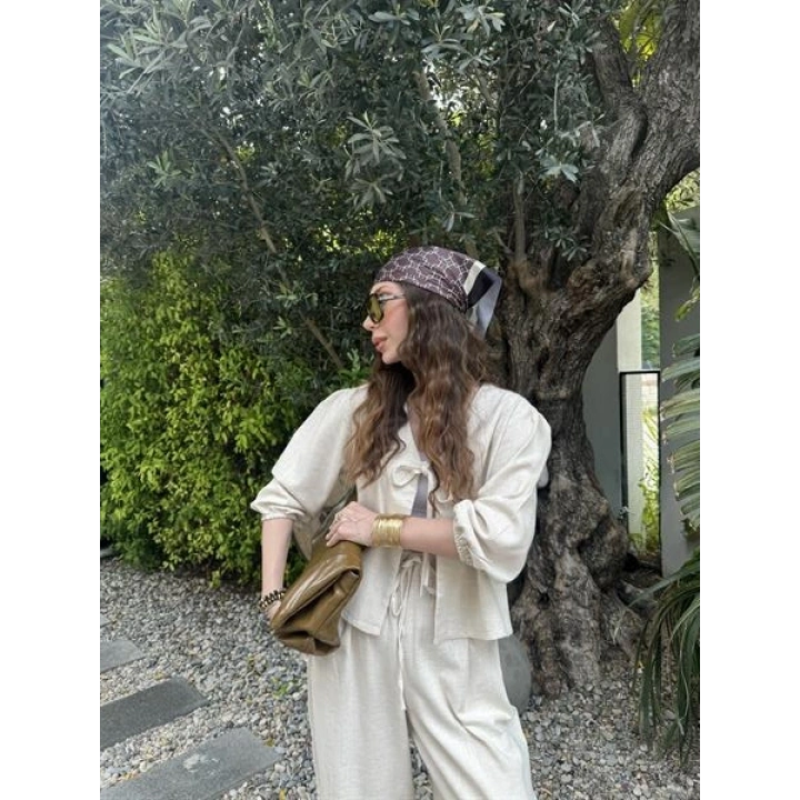 Diana Önü Bağlamalı Kısa Keten Taş Kimono Takım