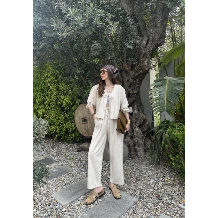 Diana Önü Bağlamalı Kısa Keten Taş Kimono Takım