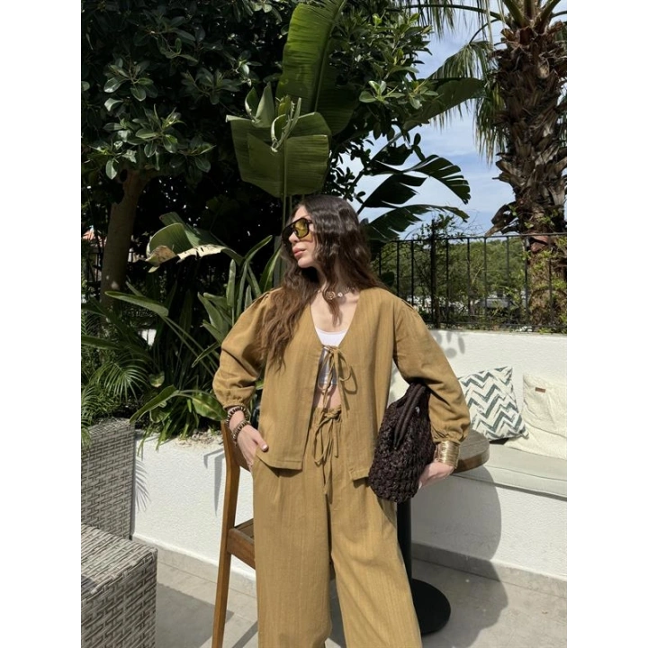 Diana Önü Bağlamalı Kısa Keten Yağ Yeşili Kimono Takım