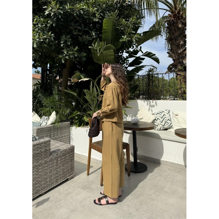 Diana Önü Bağlamalı Kısa Keten Yağ Yeşili Kimono Takım