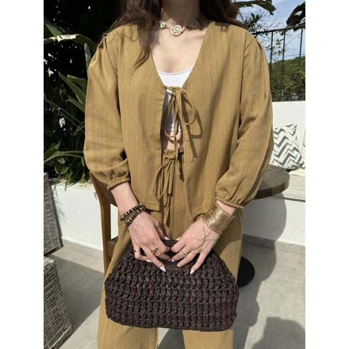 Diana Önü Bağlamalı Kısa Keten Yağ Yeşili Kimono Takım