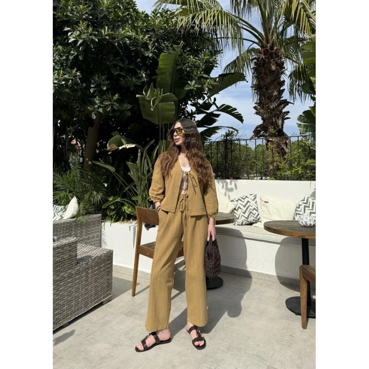 Diana Önü Bağlamalı Kısa Keten Yağ Yeşili Kimono Takım