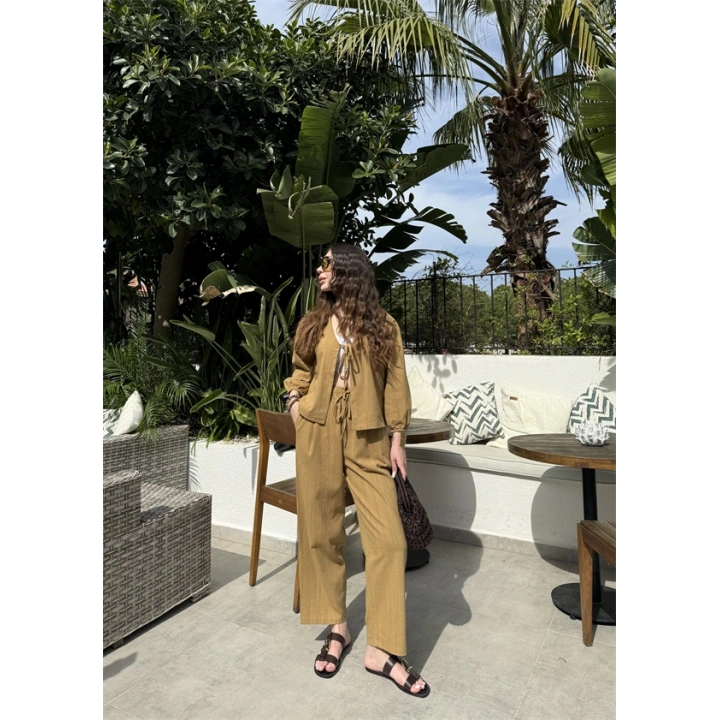 Diana Önü Bağlamalı Kısa Keten Yağ Yeşili Kimono Takım