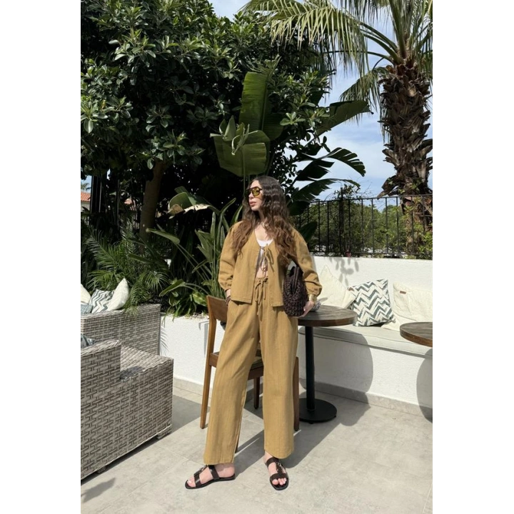 Diana Önü Bağlamalı Kısa Keten Yağ Yeşili Kimono Takım