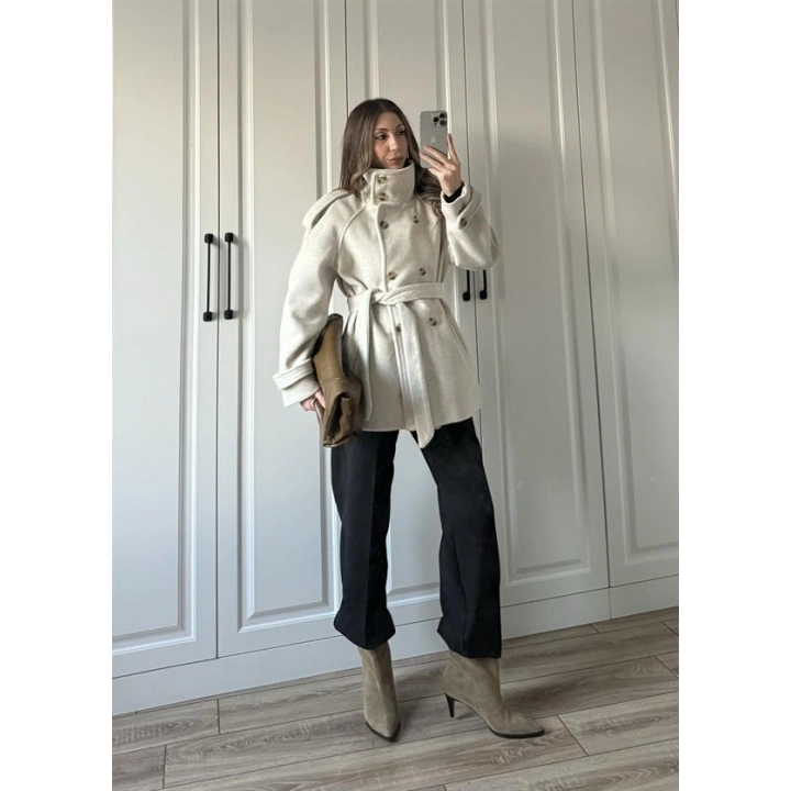 Dik Yaka Kruvaze Kuşaklı Taş Yün Kaban