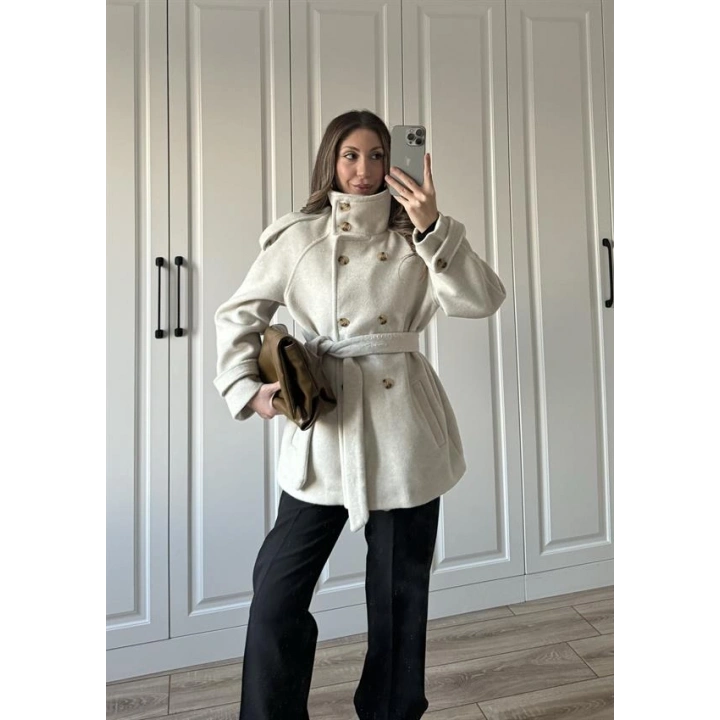 Dik Yaka Kruvaze Kuşaklı Taş Yün Kaban