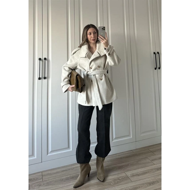 Dik Yaka Kruvaze Kuşaklı Taş Yün Kaban