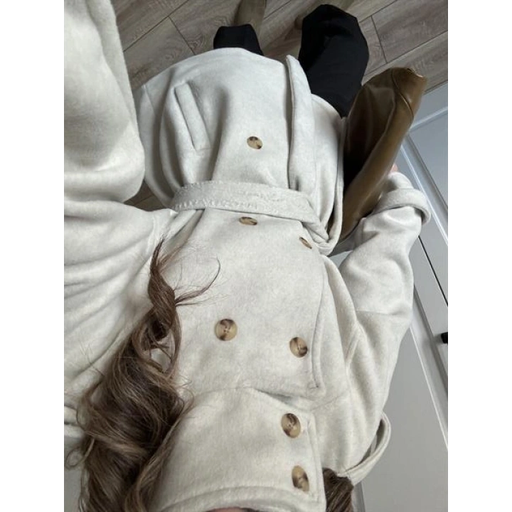 Dik Yaka Kruvaze Kuşaklı Taş Yün Kaban