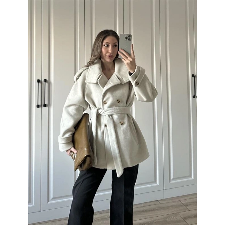 Dik Yaka Kruvaze Kuşaklı Taş Yün Kaban