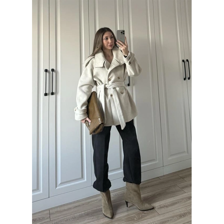 Dik Yaka Kruvaze Kuşaklı Taş Yün Kaban