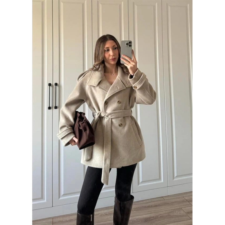 Dik Yaka Kruvaze Kuşaklı Vizon Yün Kaban