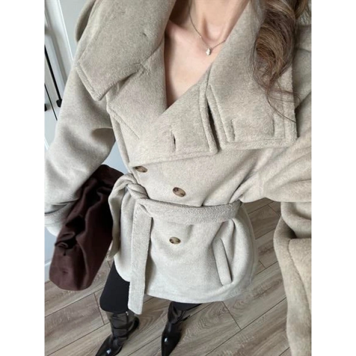 Dik Yaka Kruvaze Kuşaklı Vizon Yün Kaban