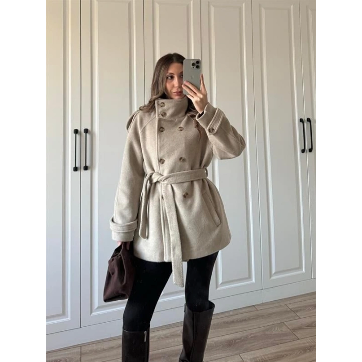 Dik Yaka Kruvaze Kuşaklı Vizon Yün Kaban