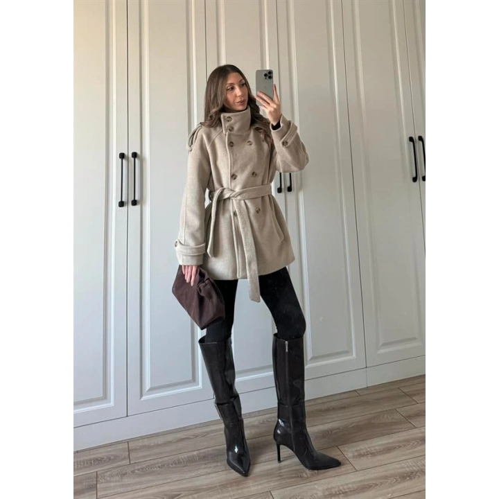 Dik Yaka Kruvaze Kuşaklı Vizon Yün Kaban