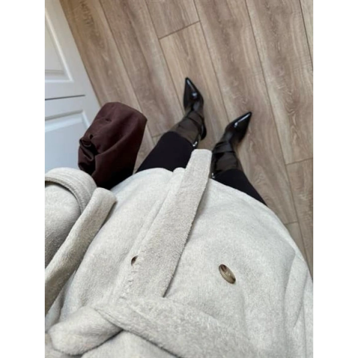 Dik Yaka Kruvaze Kuşaklı Vizon Yün Kaban