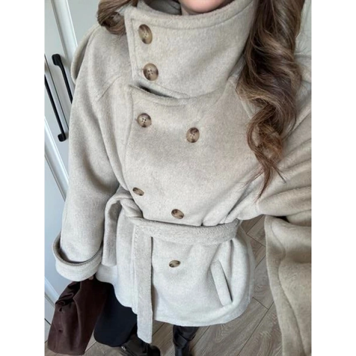 Dik Yaka Kruvaze Kuşaklı Vizon Yün Kaban