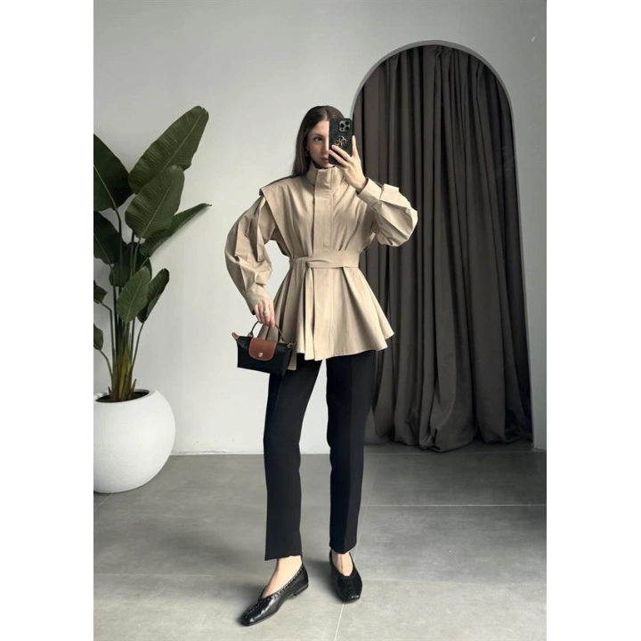 Dik Yaka Kuşaklı Bej Premium Trençkot