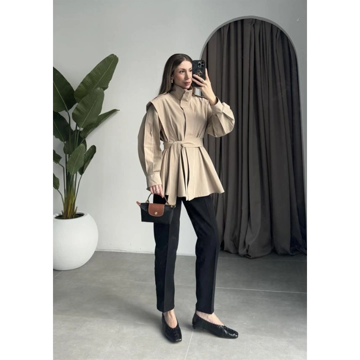 Dik Yaka Kuşaklı Bej Premium Trençkot
