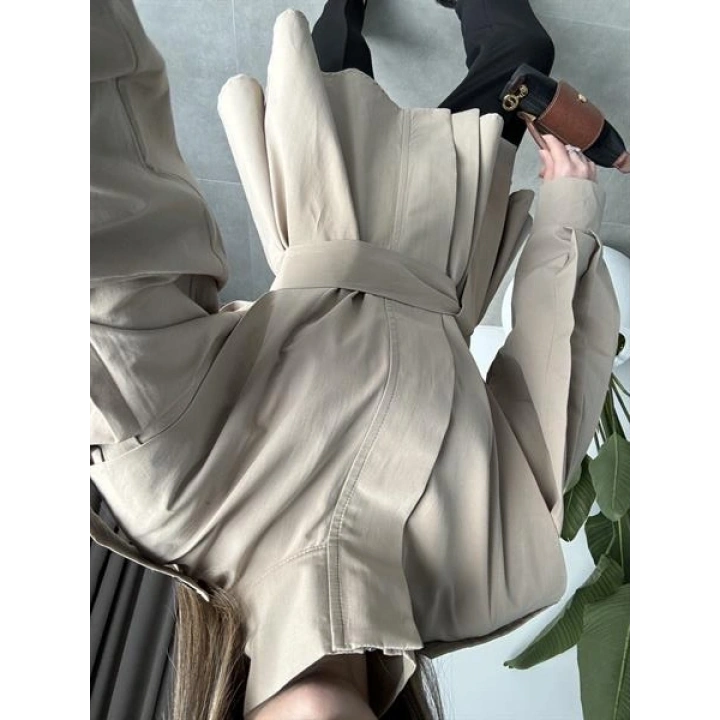 Dik Yaka Kuşaklı Bej Premium Trençkot