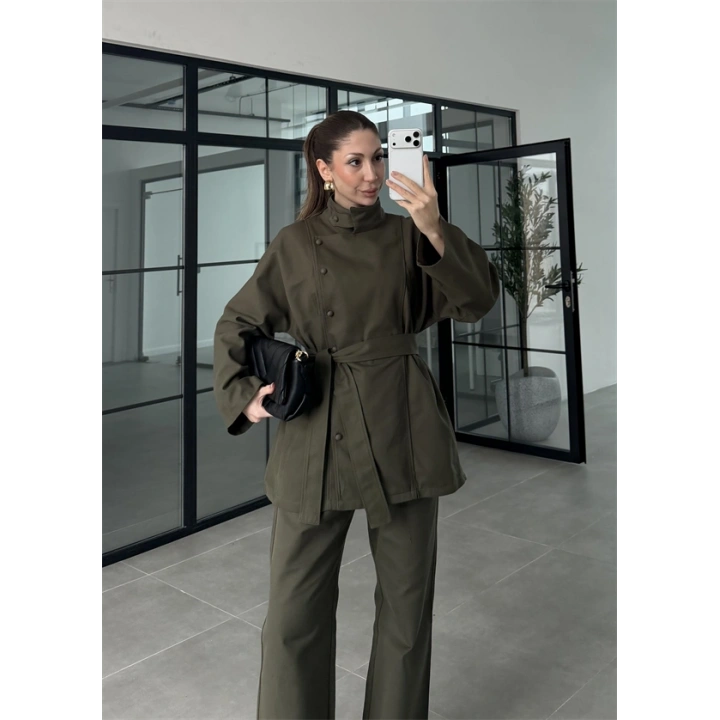 Dik Yaka Kuşaklı Haki Denim Takım