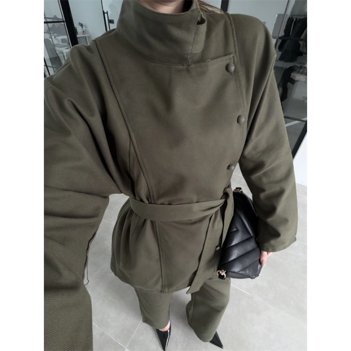 Dik Yaka Kuşaklı Haki Denim Takım