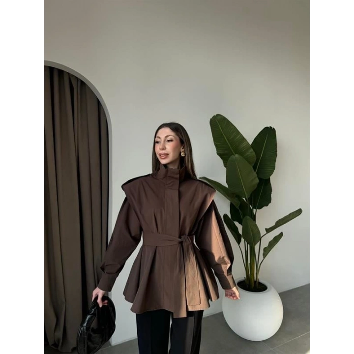 Dik Yaka Kuşaklı Kahve Premium Trençkot