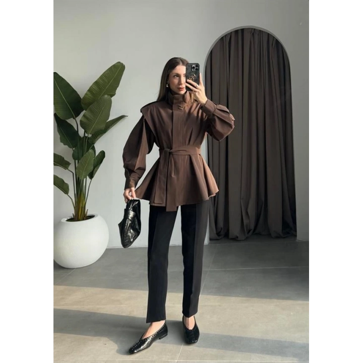 Dik Yaka Kuşaklı Kahve Premium Trençkot