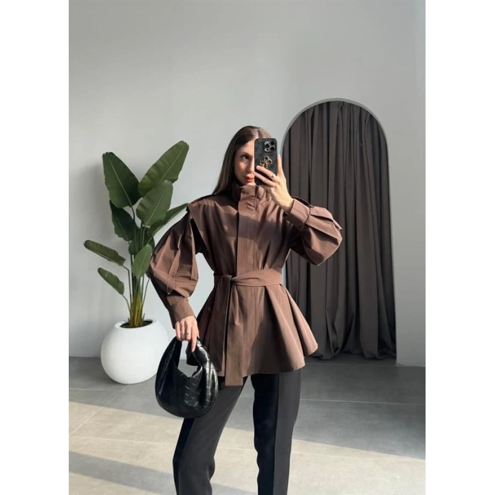 Dik Yaka Kuşaklı Kahve Premium Trençkot