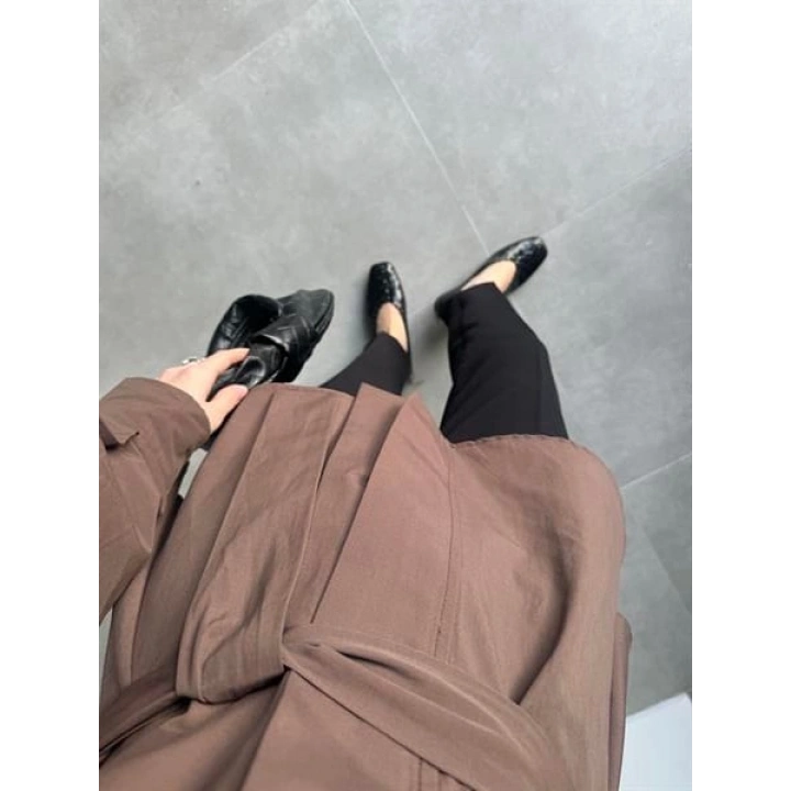 Dik Yaka Kuşaklı Kahve Premium Trençkot