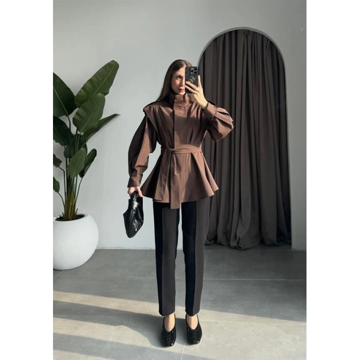 Dik Yaka Kuşaklı Kahve Premium Trençkot