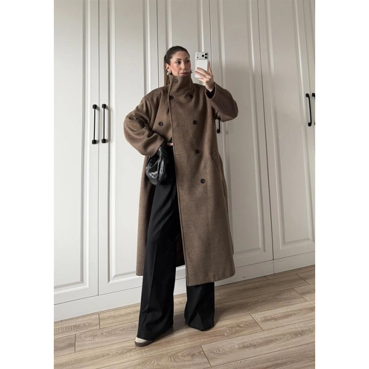 Dik Yaka Kuşaklı Kahve Yün Kaban