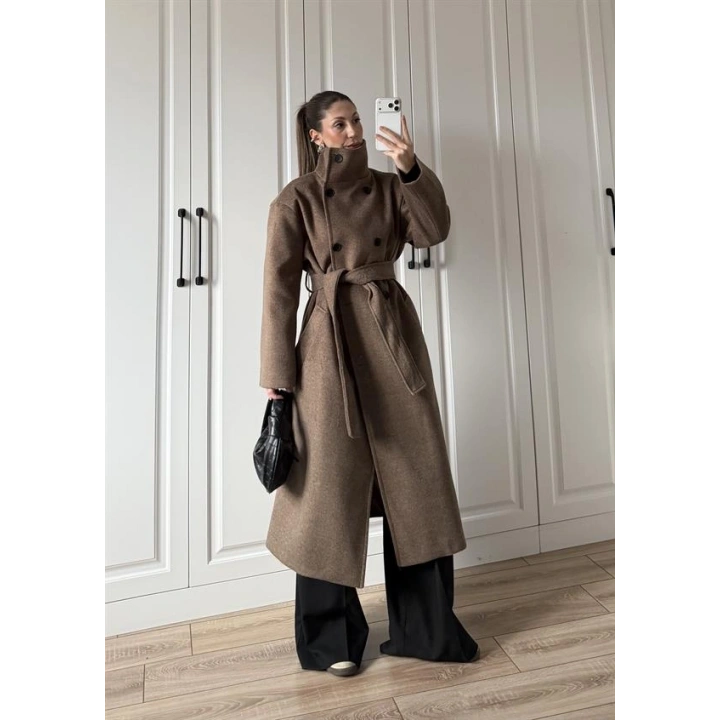 Dik Yaka Kuşaklı Kahve Yün Kaban