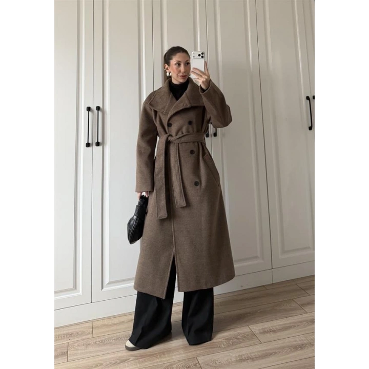 Dik Yaka Kuşaklı Kahve Yün Kaban