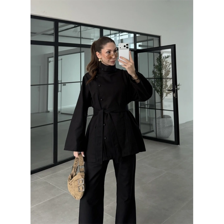 Dik Yaka Kuşaklı Siyah Denim Takım