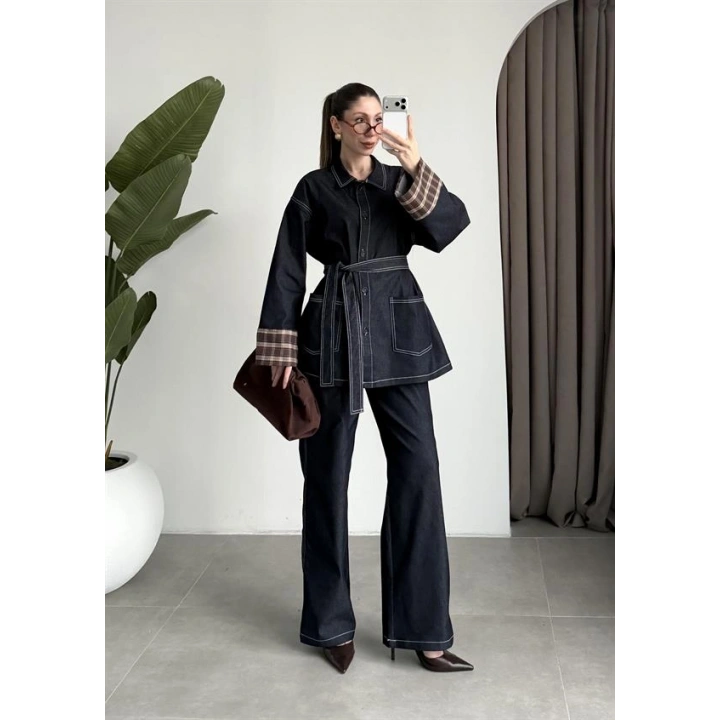 Ekose Bilek Detaylı Premium Kuşaklı Denim Takım