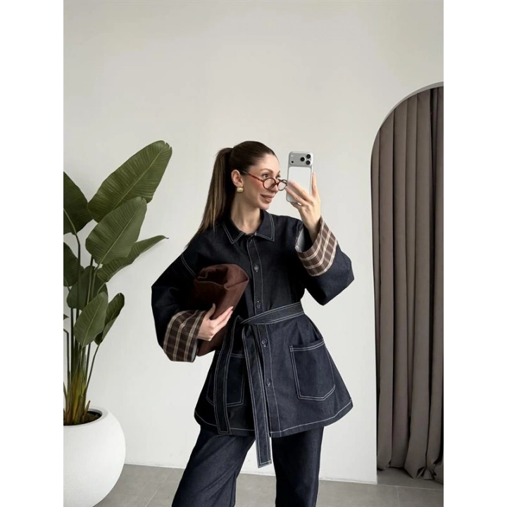 Ekose Bilek Detaylı Premium Kuşaklı Denim Takım