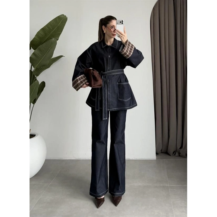 Ekose Bilek Detaylı Premium Kuşaklı Denim Takım