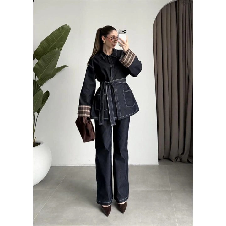 Ekose Bilek Detaylı Premium Kuşaklı Denim Takım