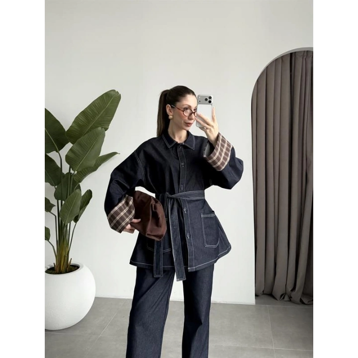 Ekose Bilek Detaylı Premium Kuşaklı Denim Takım