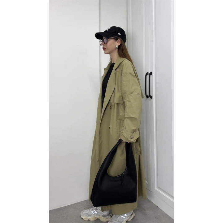Ekstra Oversize Premium Açık Haki Trençkot