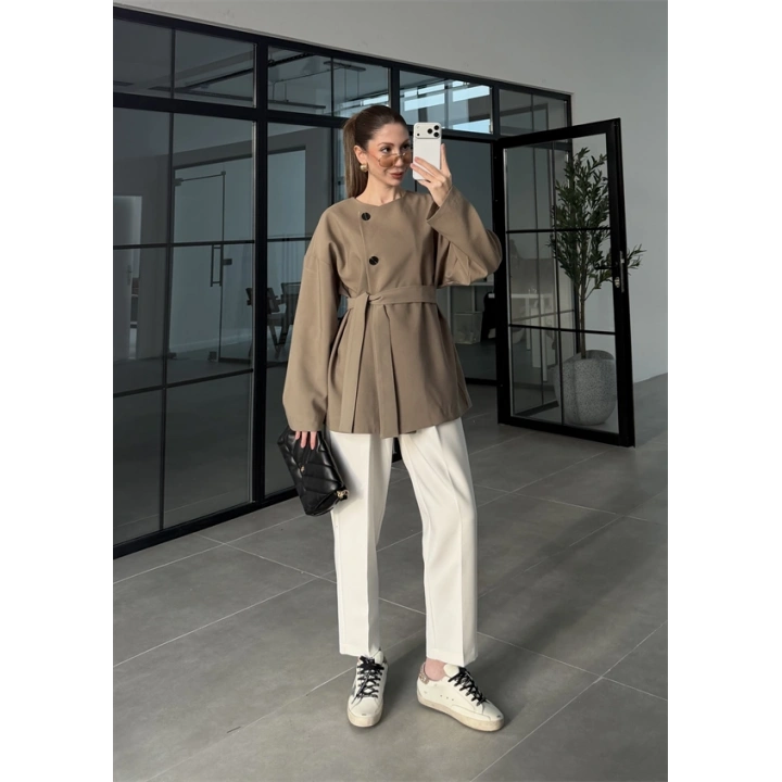 Elara Üç Düğme Kuşaklı Haki Ceket